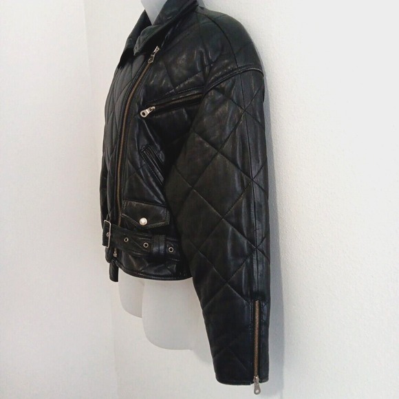 Green Field Leather Jacket Womens Medium MOTO Black Belted Motorcycle Grunge VTG - Picture 4 of 13